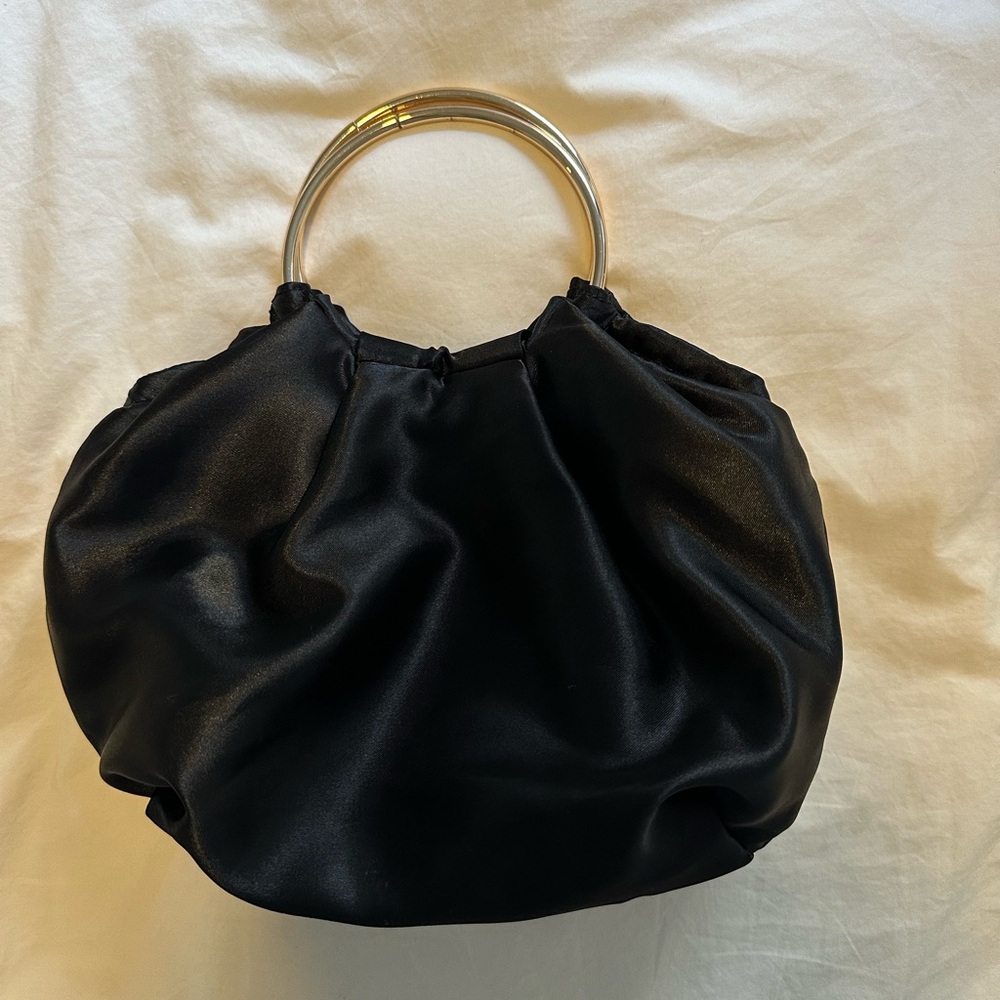 Tony Bianco Black Satin Handbag with Gold Handles